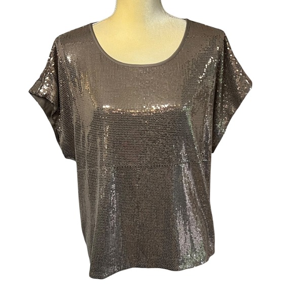 Trina Turk Sequin‎ Top Drapey Blouse Party Sparkle Shimmer Taupe Brown Size S - Picture 1 of 14